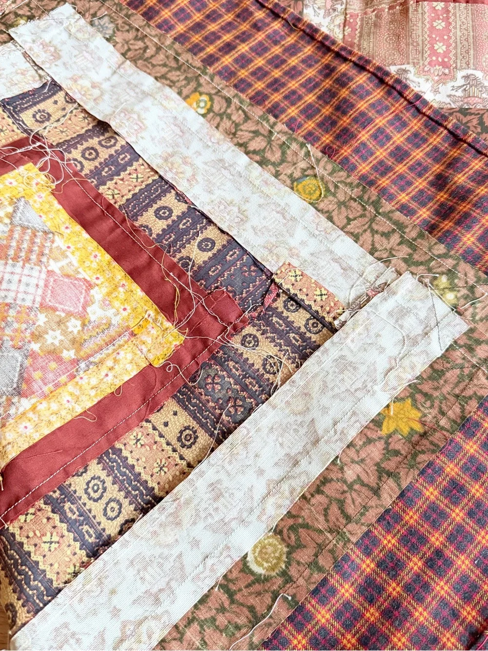 Vintage Handmade Patchwork Quilt Top Log Cabin Unfinished Craft Tablecloth 55x70